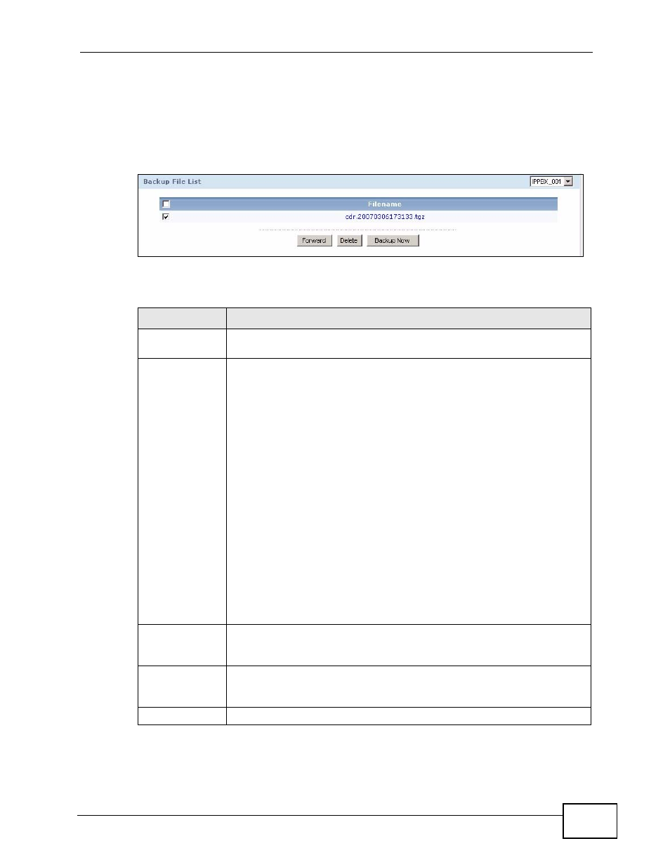 3 the backup screen, Figure 243 cdr > backup list, Table 161 cdr > backup list | ZyXEL Communications IP PBX X6004 User Manual | Page 421 / 592