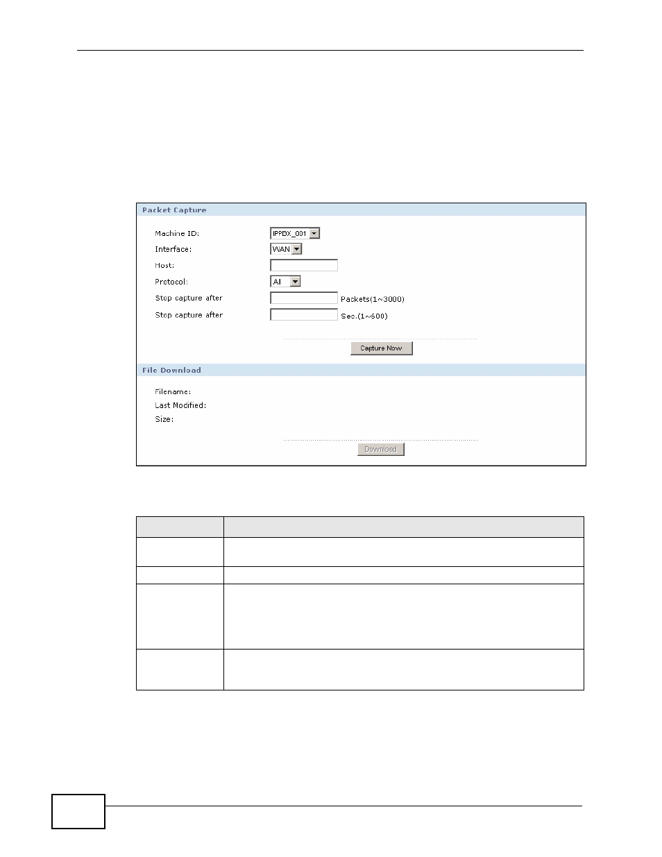3 the packet capture screen, Figure 255 diagnostics > packet capture, Table 173 diagnostics > packet capture | ZyXEL Communications IP PBX X6004 User Manual | Page 444 / 592