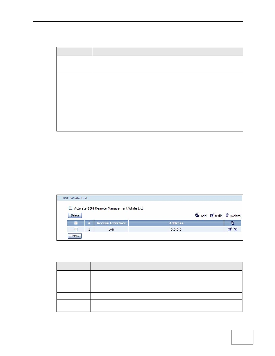 4 the ssh screen, Figure 261 remote management > ssh, Table 177 www > add/edit | Table 178 remote management > ssh | ZyXEL Communications IP PBX X6004 User Manual | Page 455 / 592