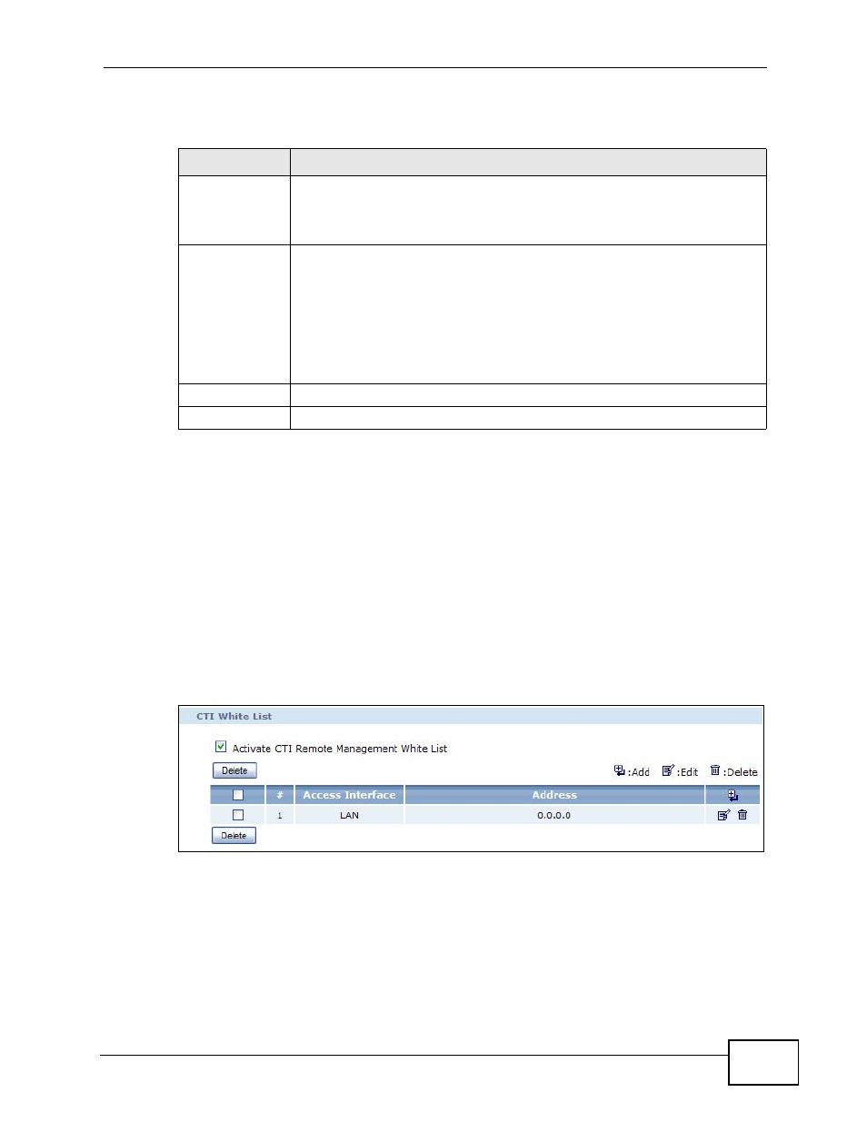 10 the cti screen, Figure 267 remote management > cti, Table 183 icmp > add/edit | ZyXEL Communications IP PBX X6004 User Manual | Page 461 / 592