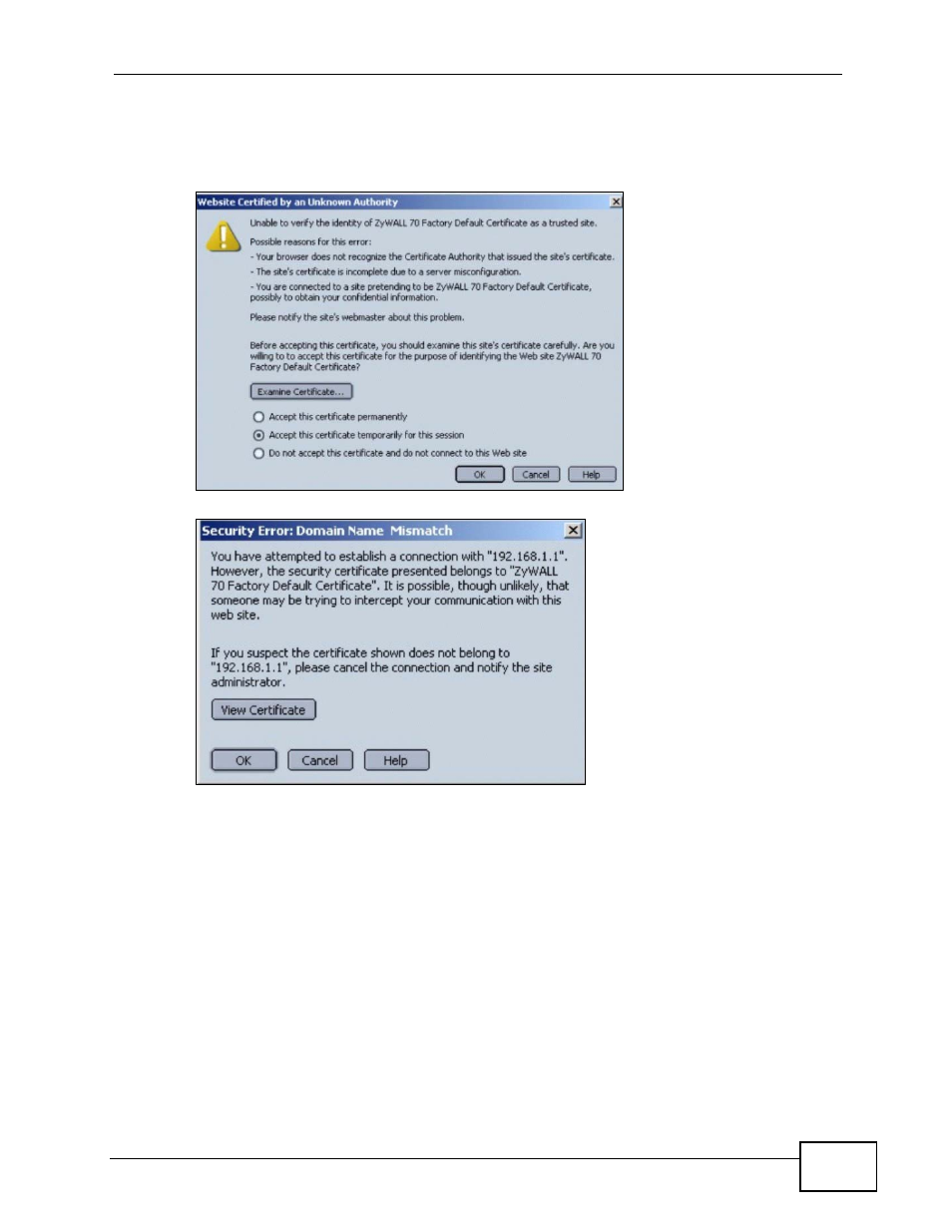 Figure 270 security certificate 1 (netscape), Figure 271 security certificate 2 (netscape) | ZyXEL Communications IP PBX X6004 User Manual | Page 465 / 592
