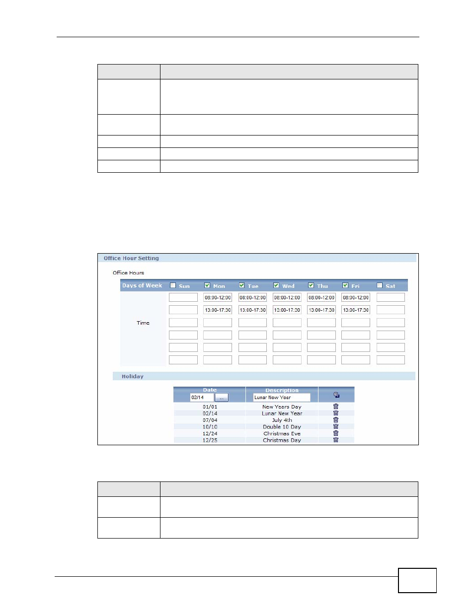 1 office hours, Figure 287 office hour setting, Table 194 office hour setting | ZyXEL Communications IP PBX X6004 User Manual | Page 493 / 592