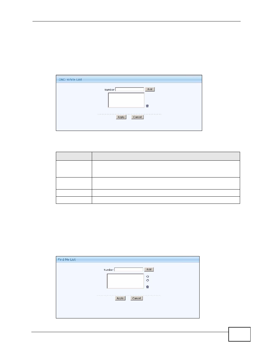 2 dnd white list, 3 find me list, Figure 288 forward/block > dnd white list | Figure 289 forward/block > find me list, Table 195 forward/block > dnd white list | ZyXEL Communications IP PBX X6004 User Manual | Page 495 / 592