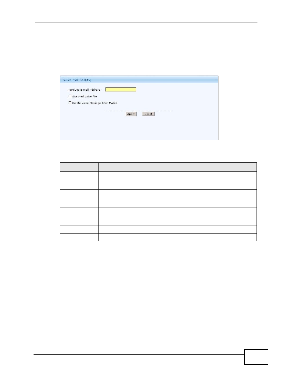 4 voice mail settings, Figure 291 voice mail setting, Table 198 voice mail setting | ZyXEL Communications IP PBX X6004 User Manual | Page 497 / 592