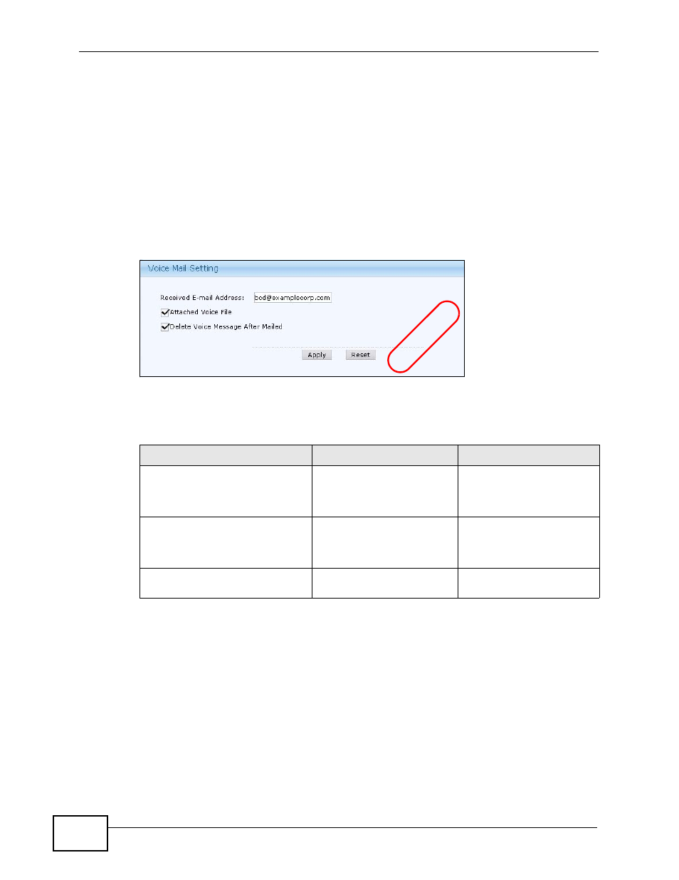 5 setting up voicemail, Figure 32 tutorial: setting up voicemail, Table 7 tutorial: voicemail settings | Setting up voicemail, Ex am pl e | ZyXEL Communications IP PBX X6004 User Manual | Page 98 / 592