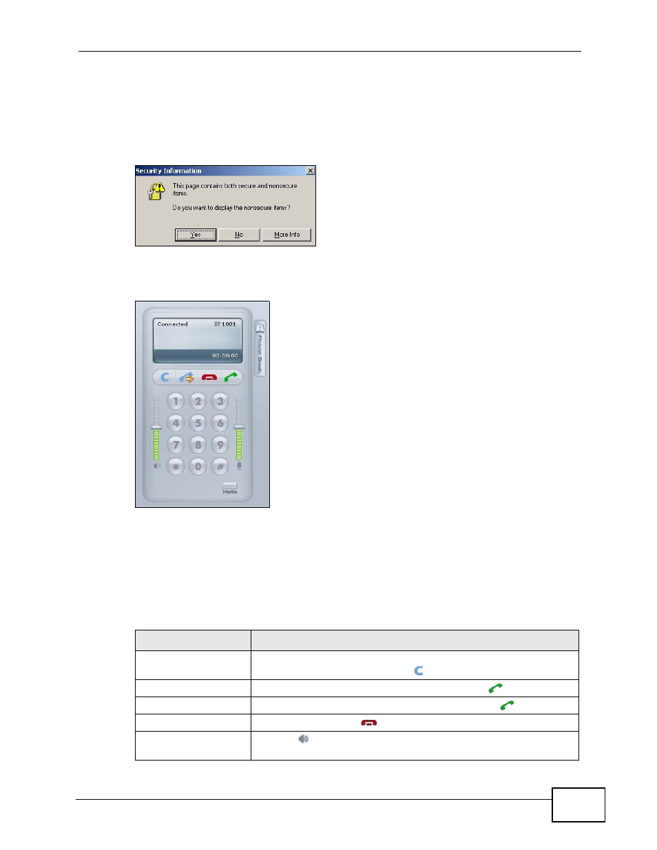 6 using the web phone (ip phone users only), Figure 33 tutorial: security pop-up, Figure 34 tutorial: the web phone | Table 8 tutorial: basic web phone call features, Using the web phone (ip phone users, Only) | ZyXEL Communications IP PBX X6004 User Manual | Page 99 / 592