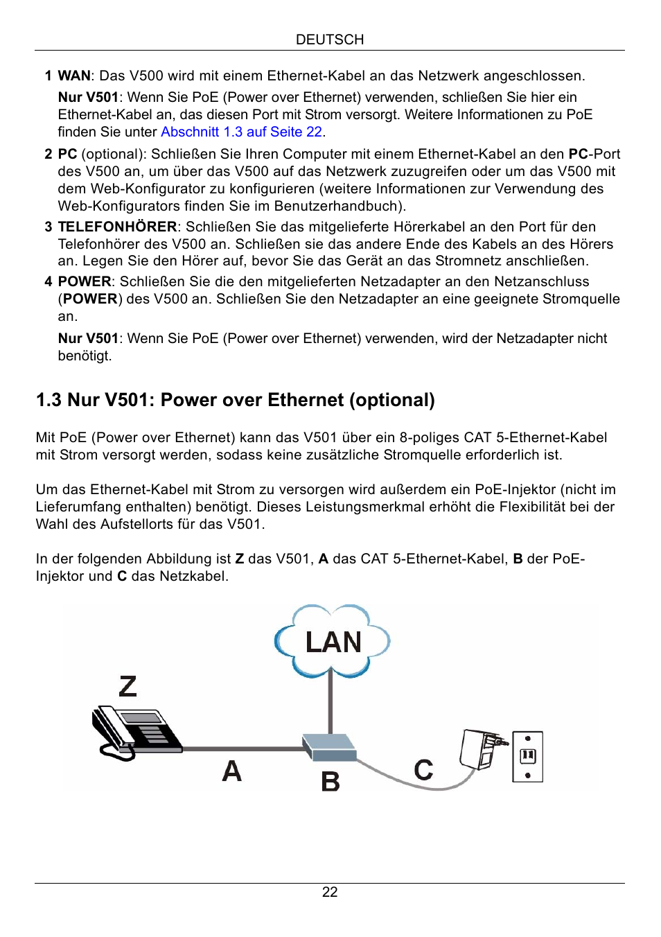 3 nur v501: power over ethernet (optional) | ZyXEL Communications V500-T1 User Manual | Page 22 / 154