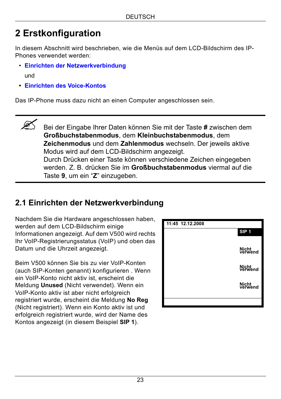 Zyxel, 2 erstkonfiguration, 1 einrichten der netzwerkverbindung | ZyXEL Communications V500-T1 User Manual | Page 23 / 154