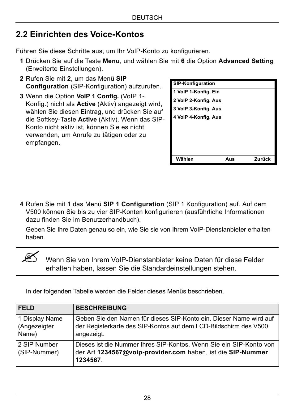 2 einrichten des voice-kontos | ZyXEL Communications V500-T1 User Manual | Page 28 / 154