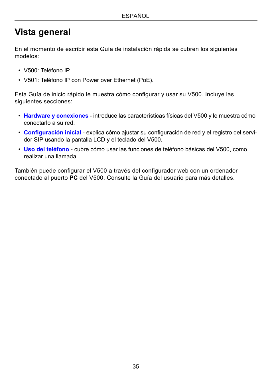 Español, Vista general | ZyXEL Communications V500-T1 User Manual | Page 35 / 154