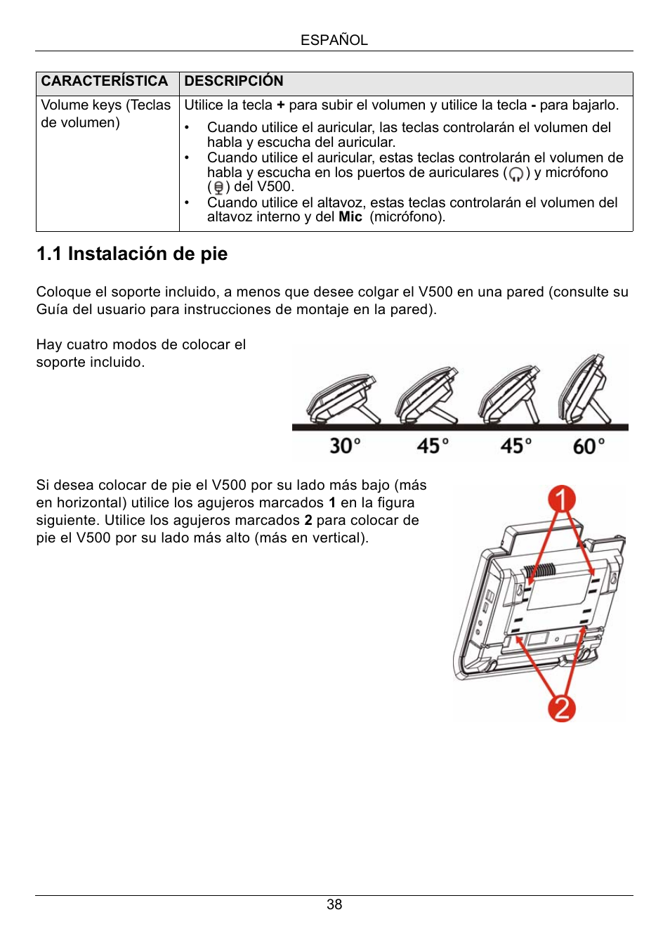 1 instalación de pie | ZyXEL Communications V500-T1 User Manual | Page 38 / 154
