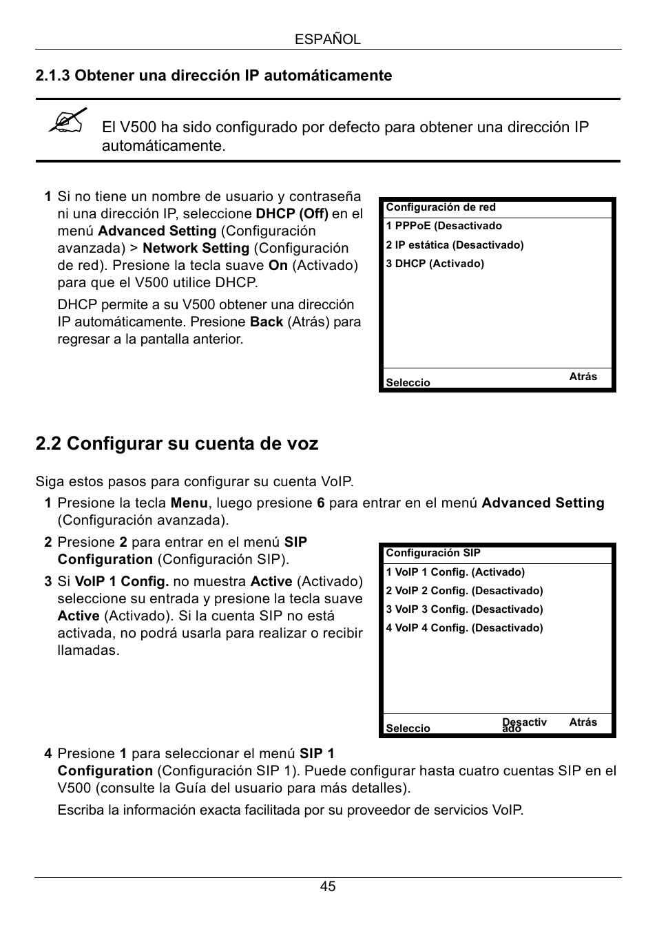 2 configurar su cuenta de voz | ZyXEL Communications V500-T1 User Manual | Page 45 / 154