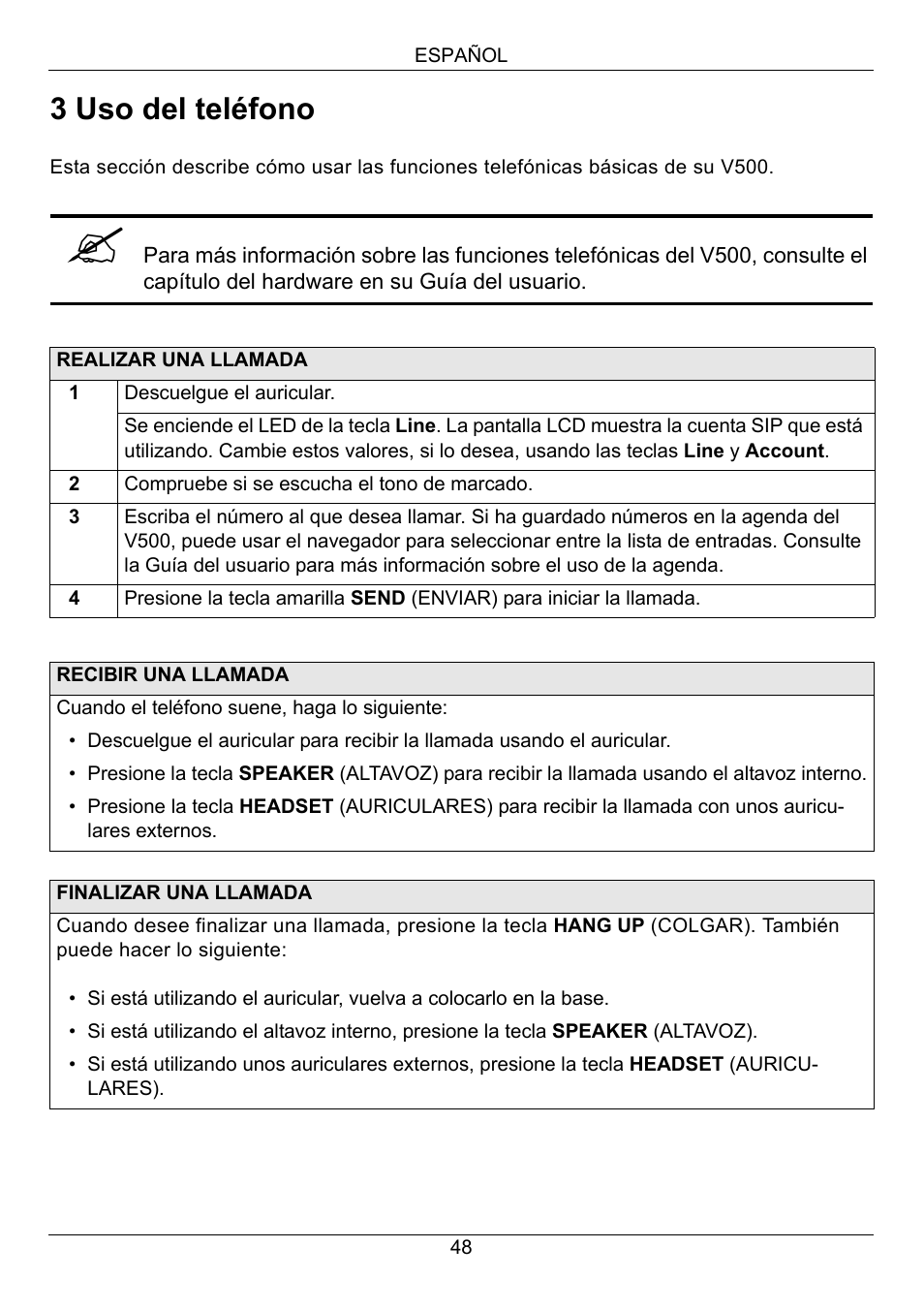 3 uso del teléfono | ZyXEL Communications V500-T1 User Manual | Page 48 / 154