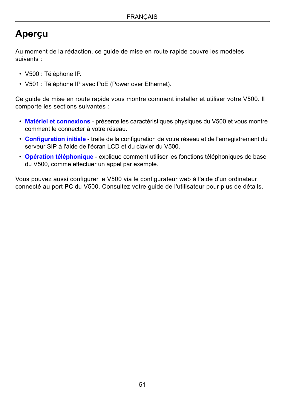 Français, Aperçu | ZyXEL Communications V500-T1 User Manual | Page 51 / 154