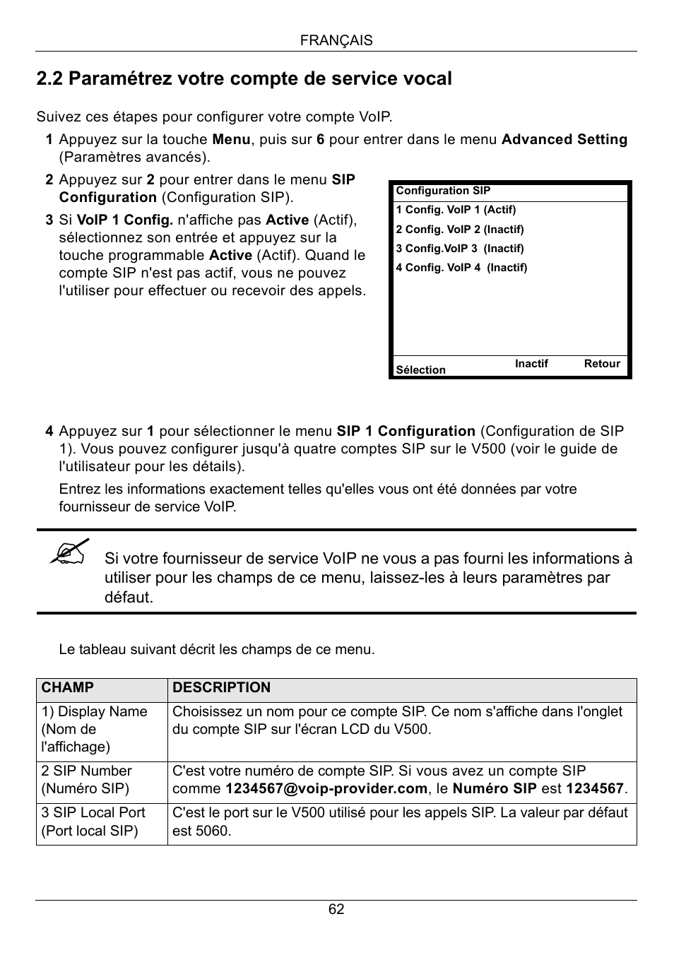 2 paramétrez votre compte de service vocal | ZyXEL Communications V500-T1 User Manual | Page 62 / 154