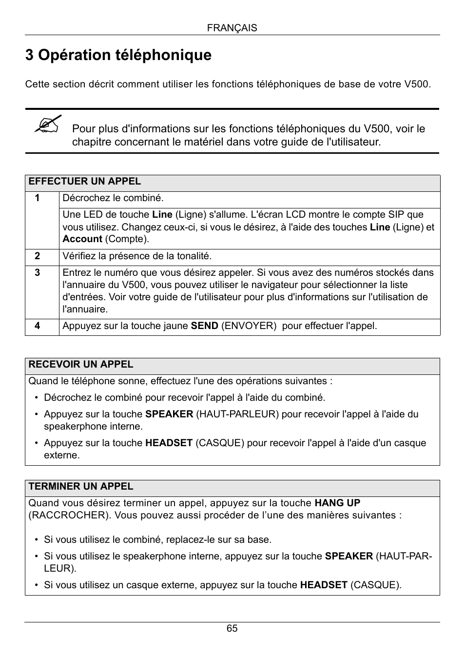 3 opération téléphonique | ZyXEL Communications V500-T1 User Manual | Page 65 / 154