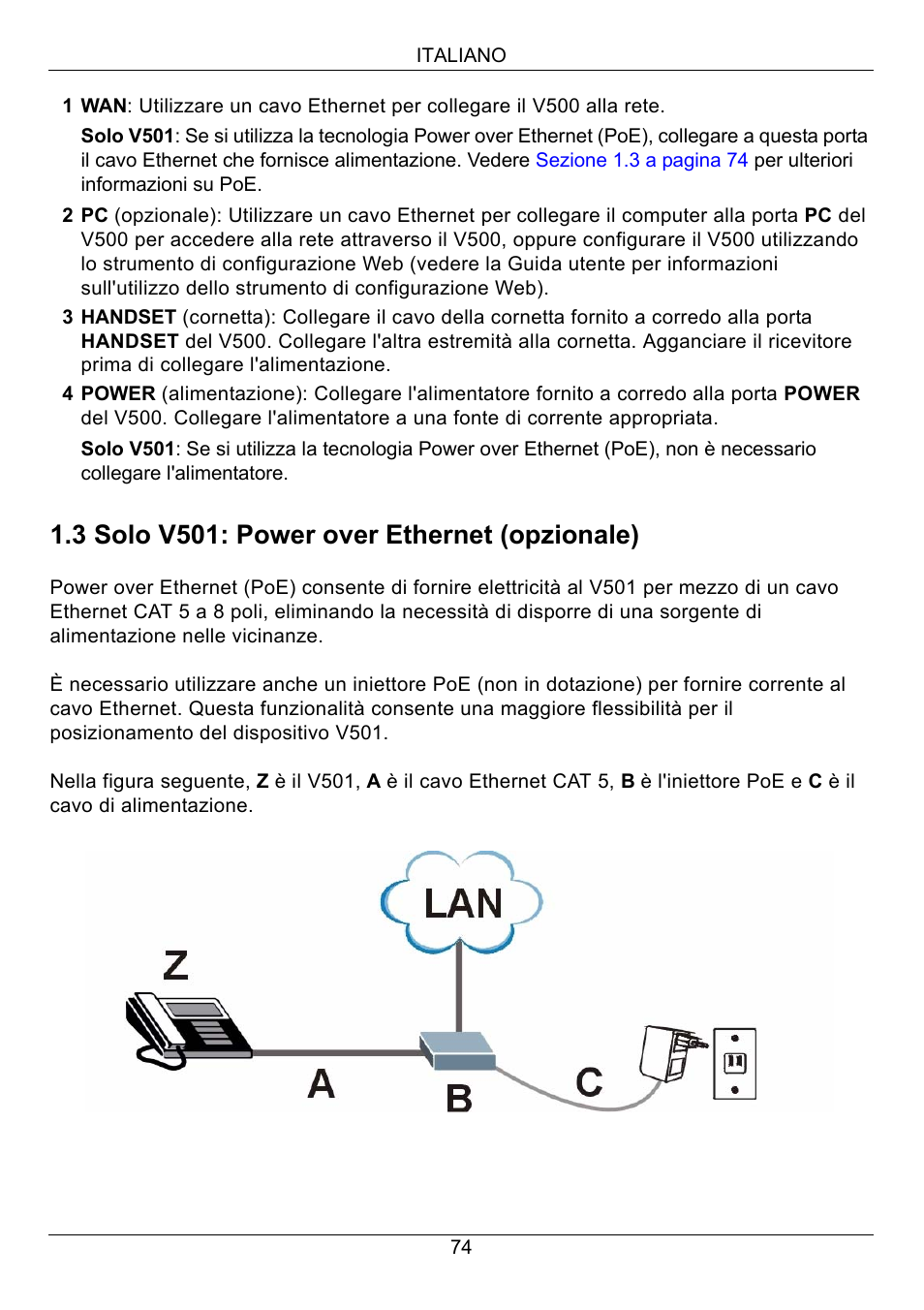 3 solo v501: power over ethernet (opzionale) | ZyXEL Communications V500-T1 User Manual | Page 74 / 154