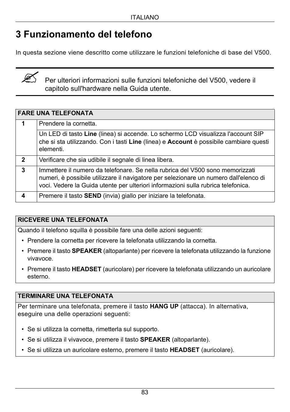 3 funzionamento del telefono | ZyXEL Communications V500-T1 User Manual | Page 83 / 154