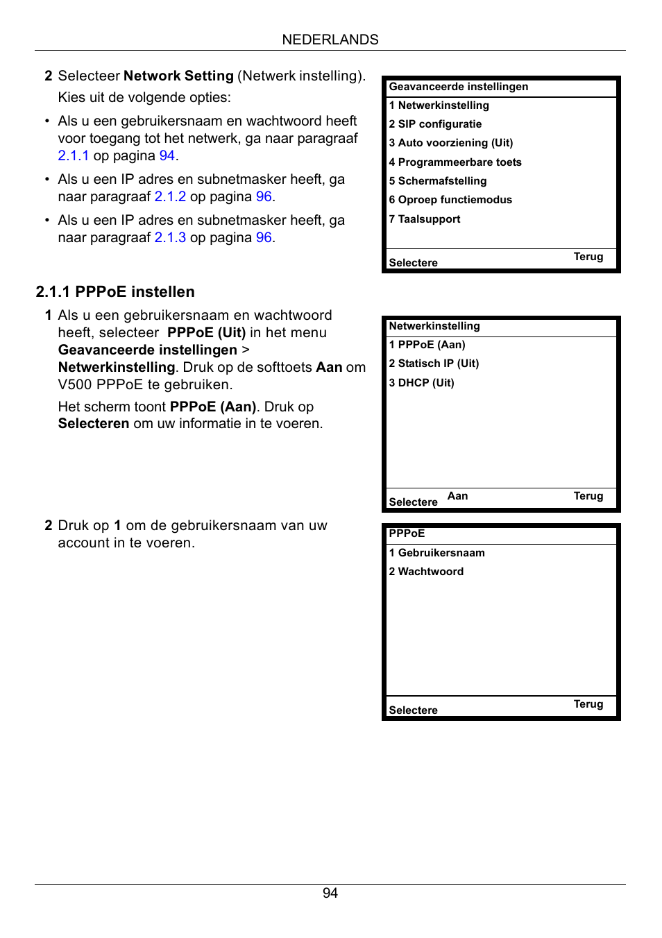 1 pppoe instellen | ZyXEL Communications V500-T1 User Manual | Page 94 / 154