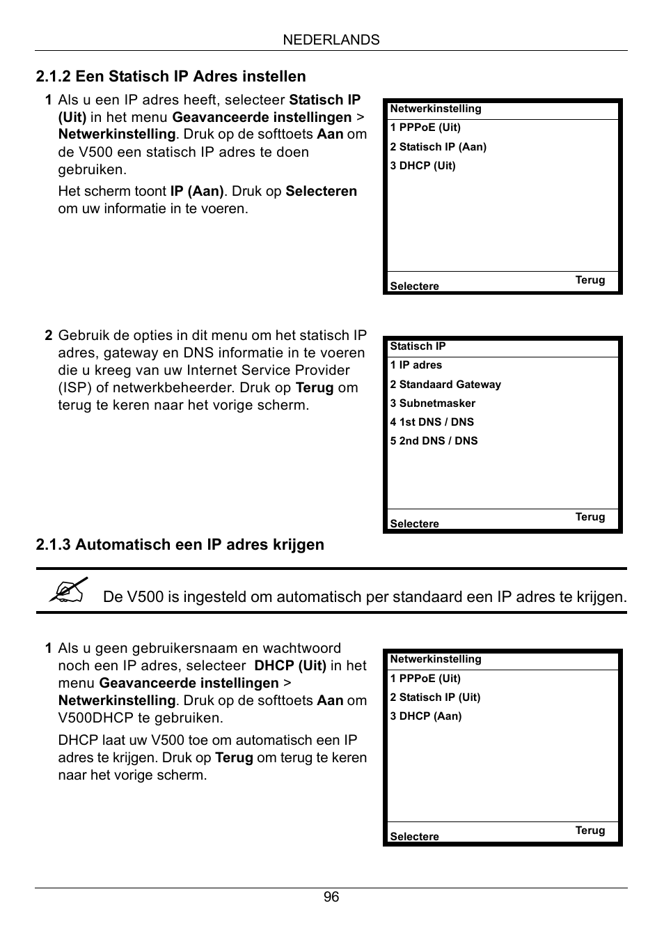2 een statisch ip adres instellen, 3 automatisch een ip adres krijgen | ZyXEL Communications V500-T1 User Manual | Page 96 / 154