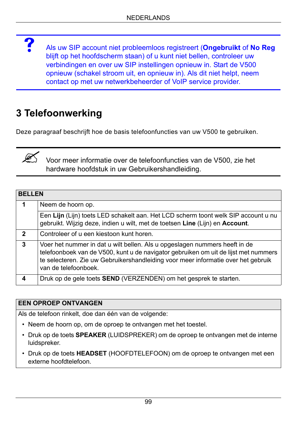 3 telefoonwerking | ZyXEL Communications V500-T1 User Manual | Page 99 / 154