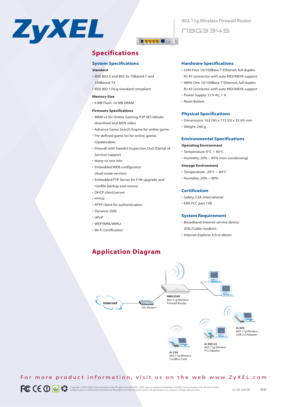 Specifications application diagram | ZyXEL Communications nbg334s User Manual | Page 2 / 2
