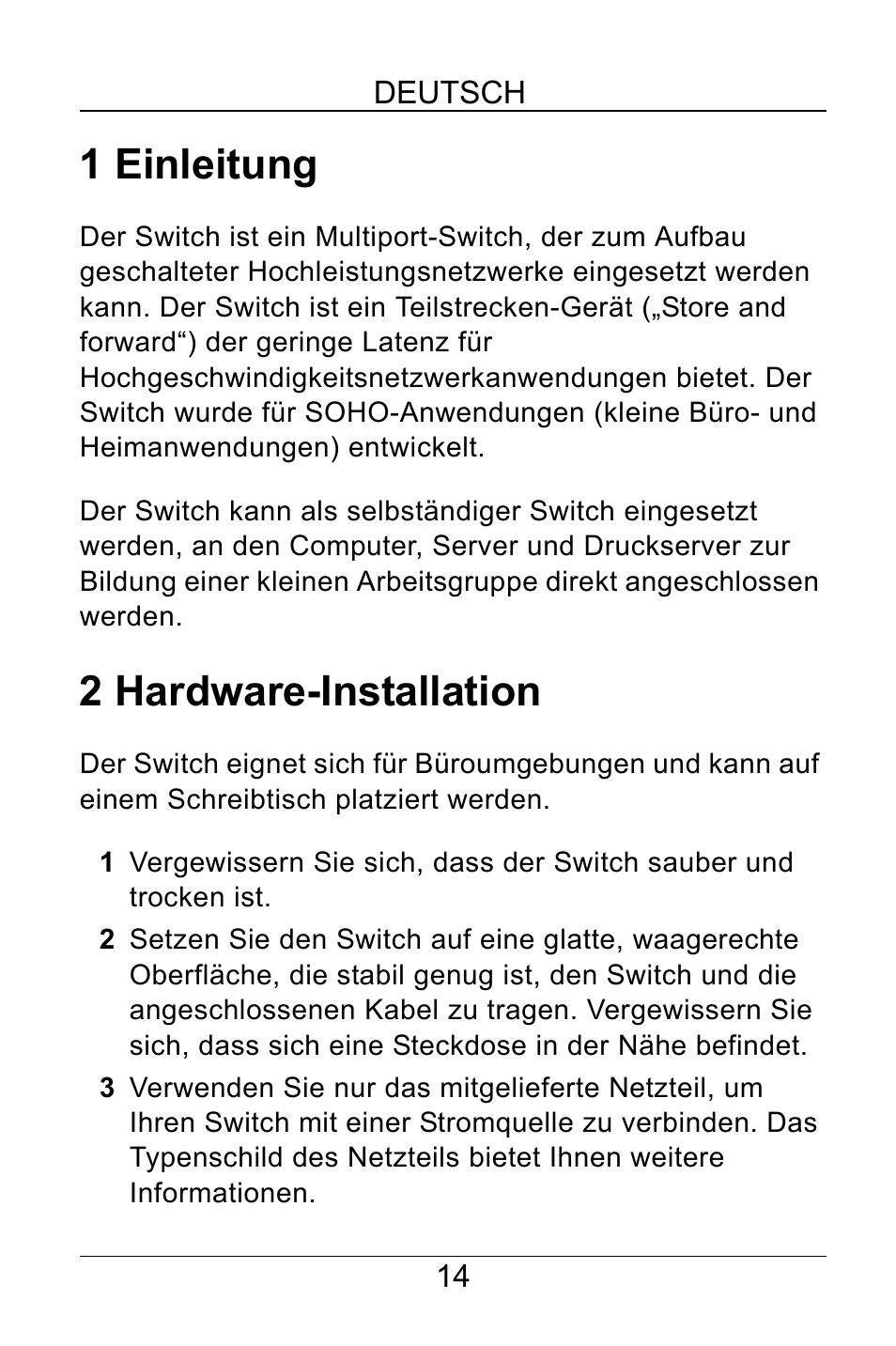 Deutsch, 1 einleitung, 2 hardware-installation | ZyXEL Communications GS-105B/108B User Manual | Page 14 / 48
