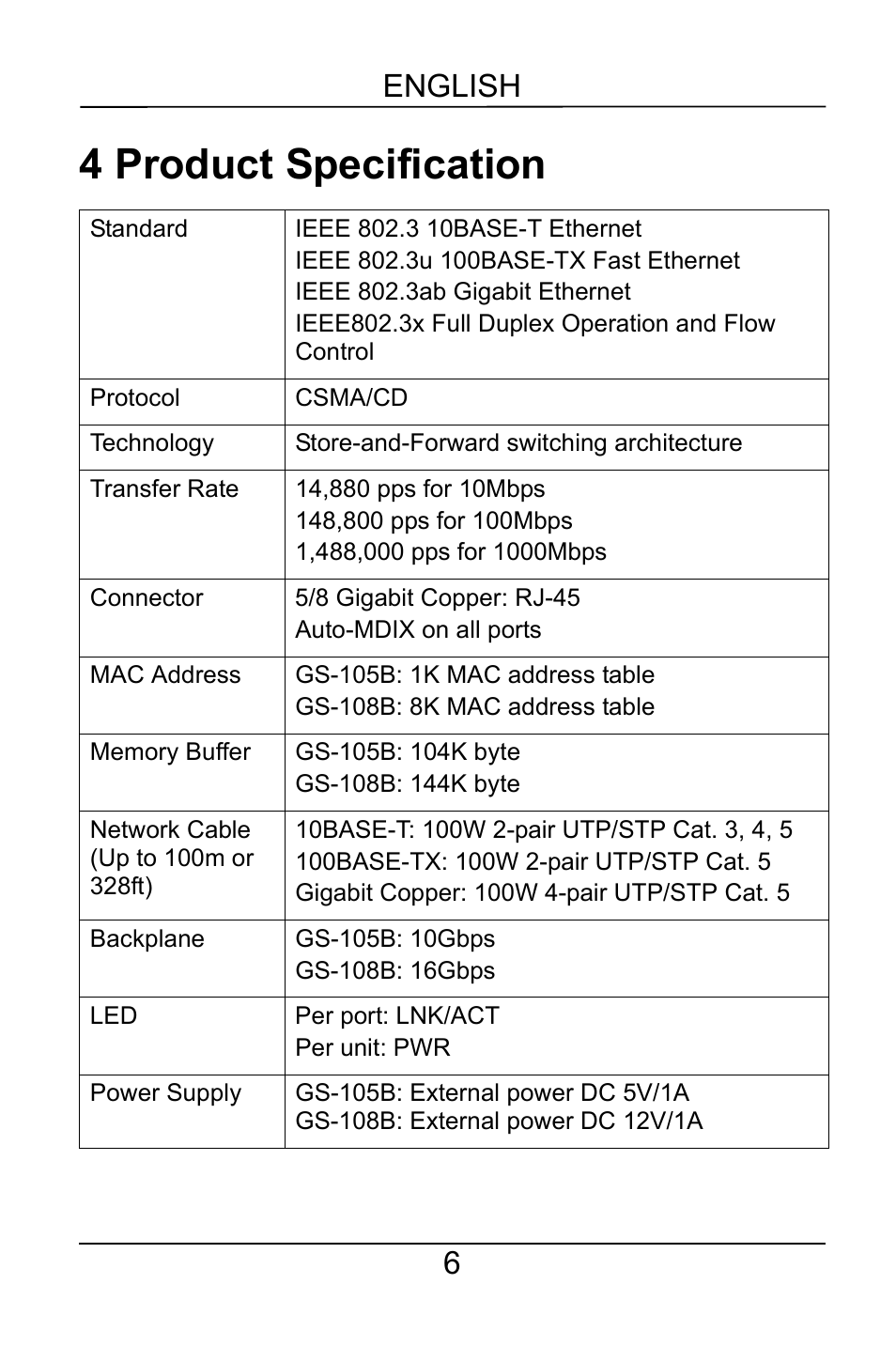 4 product specification, English 6 | ZyXEL Communications GS-105B/108B User Manual | Page 6 / 48