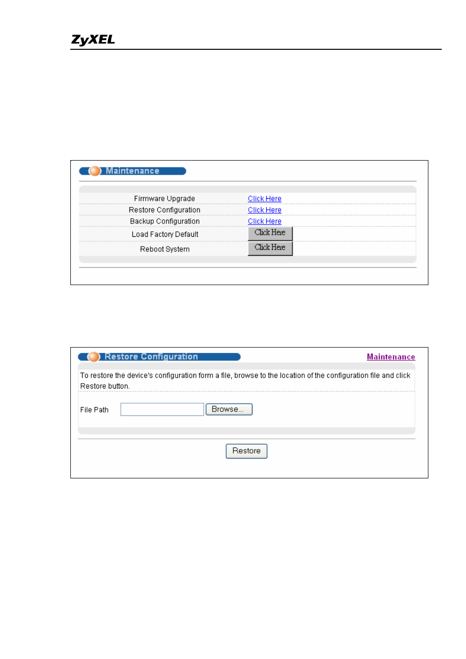 Restore a configuration file | ZyXEL Communications ES-4024A User Manual | Page 6 / 128