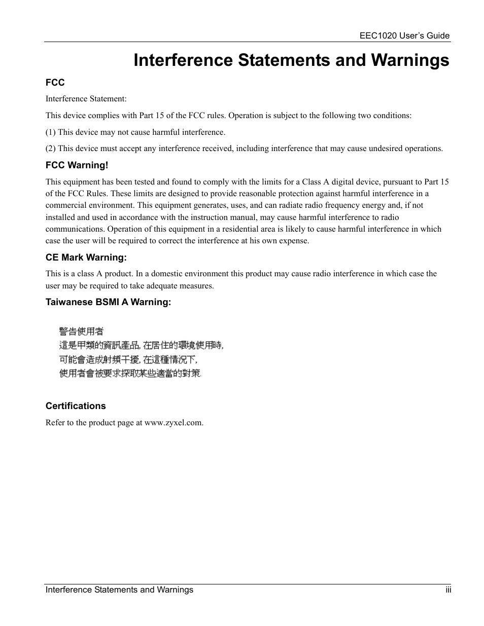 Interference statements and warnings | ZyXEL Communications Ethernet Extension Card EEC1020 User Manual | Page 3 / 8