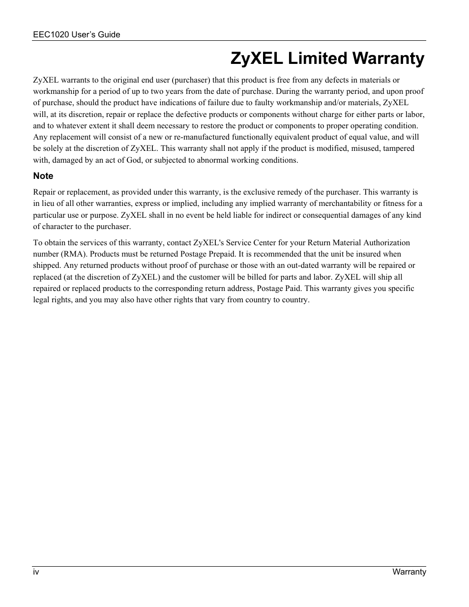 Zyxel limited warranty | ZyXEL Communications Ethernet Extension Card EEC1020 User Manual | Page 4 / 8