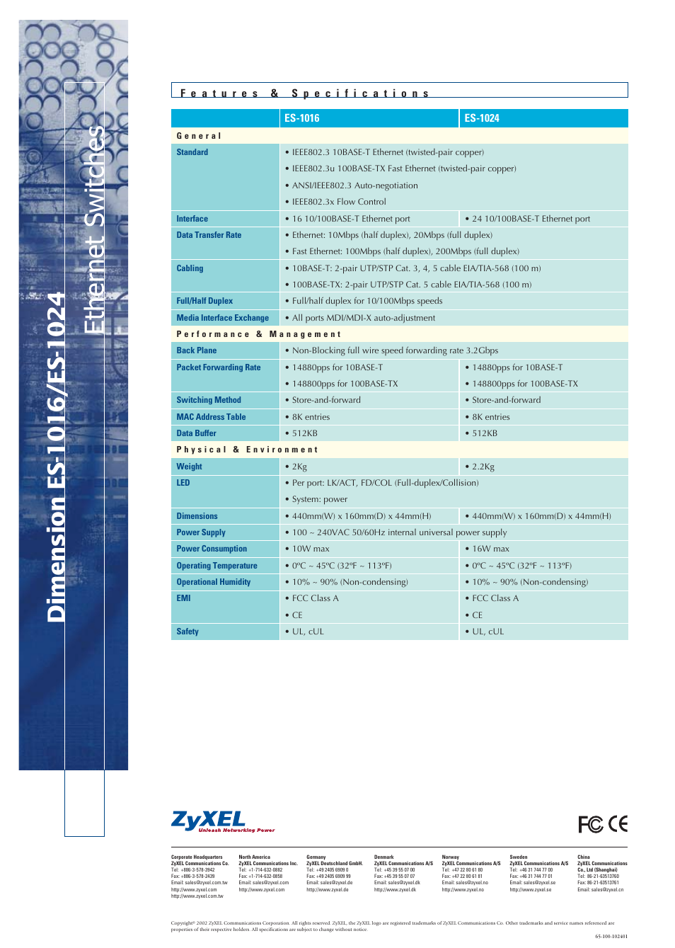 Ethernet s witches | ZyXEL Communications ETHERNET SWITCHES ES-1024 User Manual | Page 2 / 2