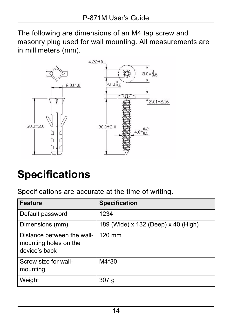 Specifications | ZyXEL Communications P-871M User Manual | Page 14 / 26