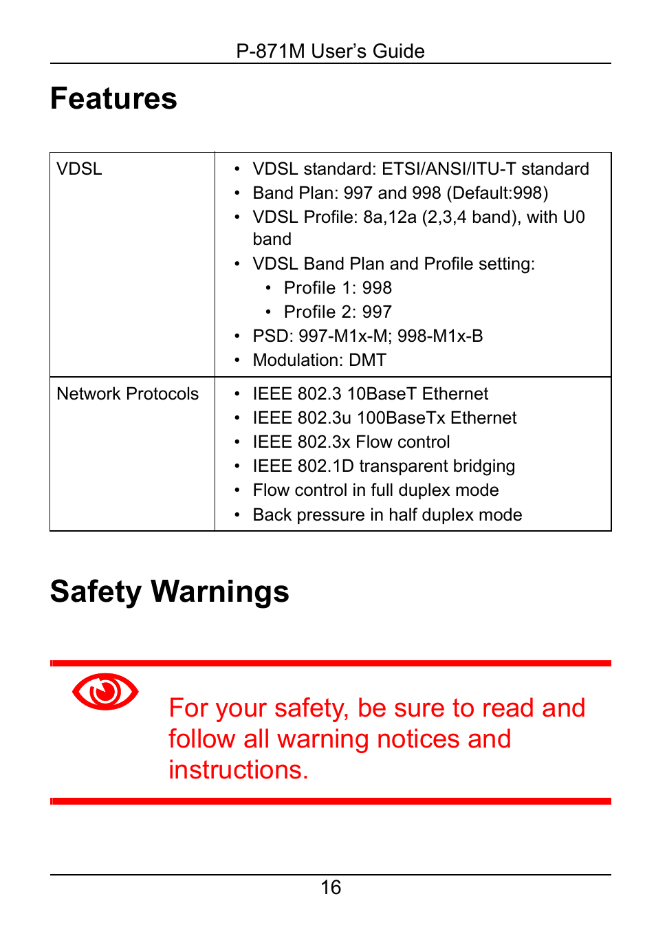 Features, Safety warnings, Features safety warnings | ZyXEL Communications P-871M User Manual | Page 16 / 26