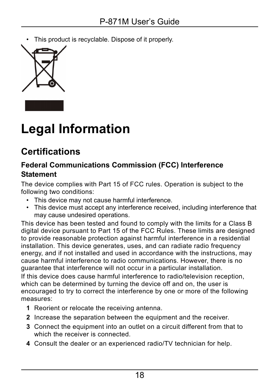 Legal information, Certifications | ZyXEL Communications P-871M User Manual | Page 18 / 26