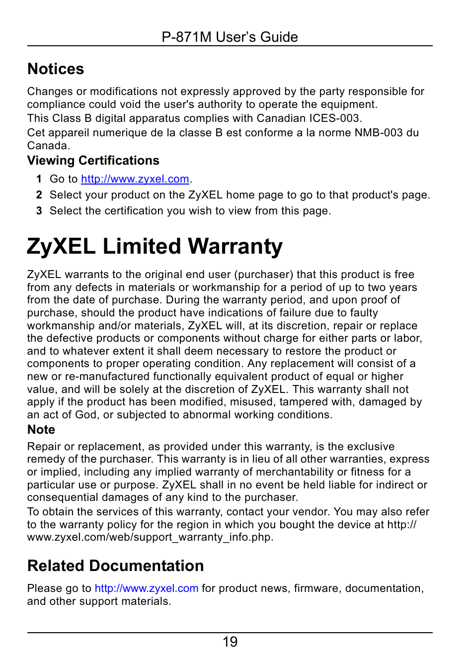 Zyxel limited warranty, Notices, Related documentation | ZyXEL Communications P-871M User Manual | Page 19 / 26