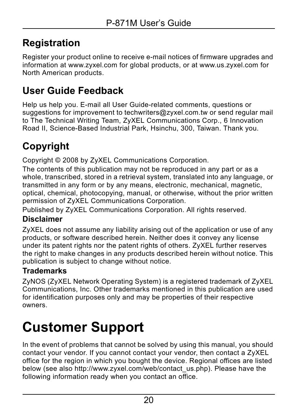 Customer support, Registration, User guide feedback | Copyright | ZyXEL Communications P-871M User Manual | Page 20 / 26