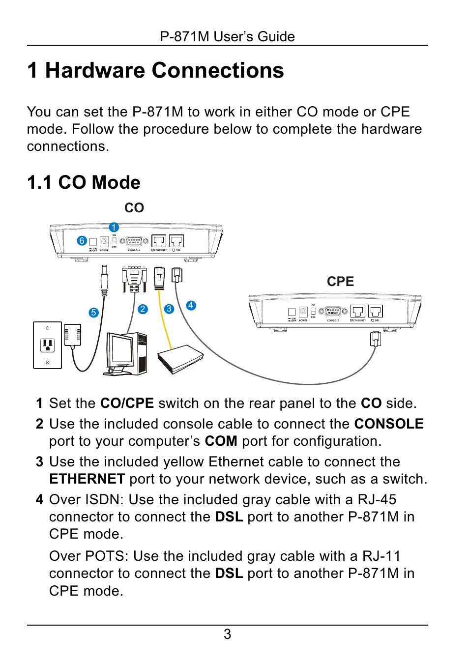 1 hardware connections, 1 co mode | ZyXEL Communications P-871M User Manual | Page 3 / 26