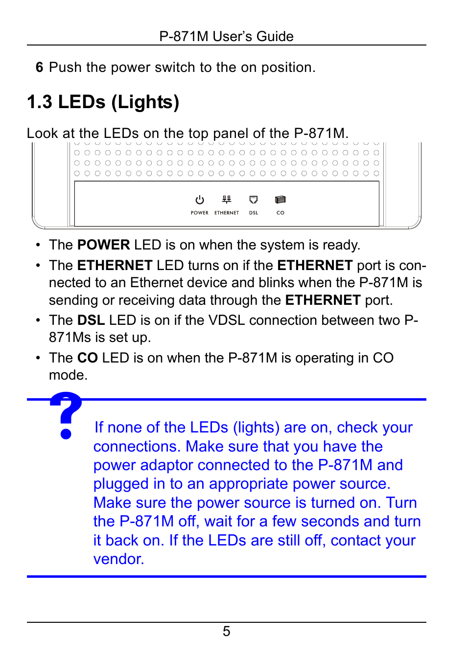 3 leds (lights) | ZyXEL Communications P-871M User Manual | Page 5 / 26