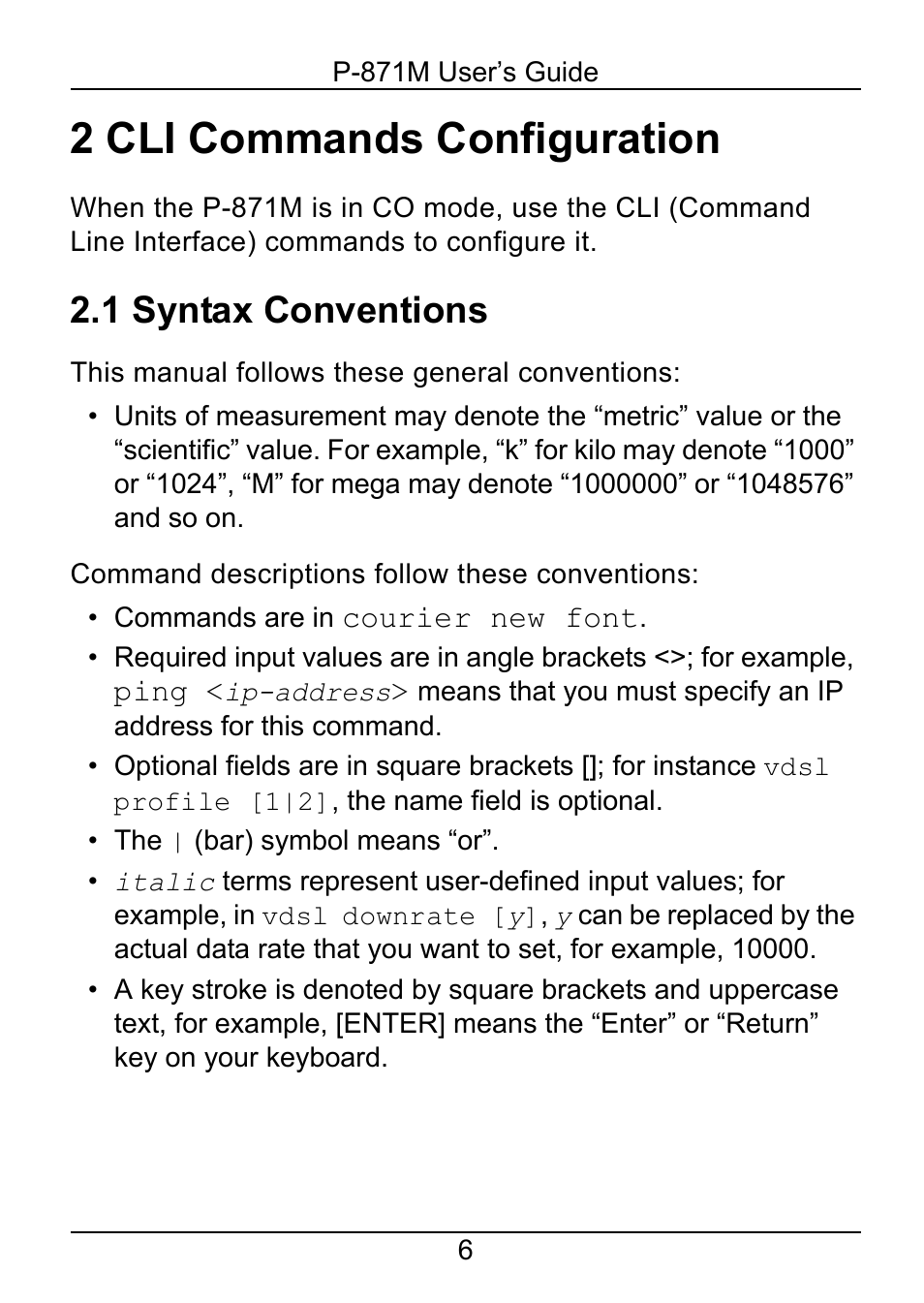 2 cli commands configuration, 1 syntax conventions | ZyXEL Communications P-871M User Manual | Page 6 / 26