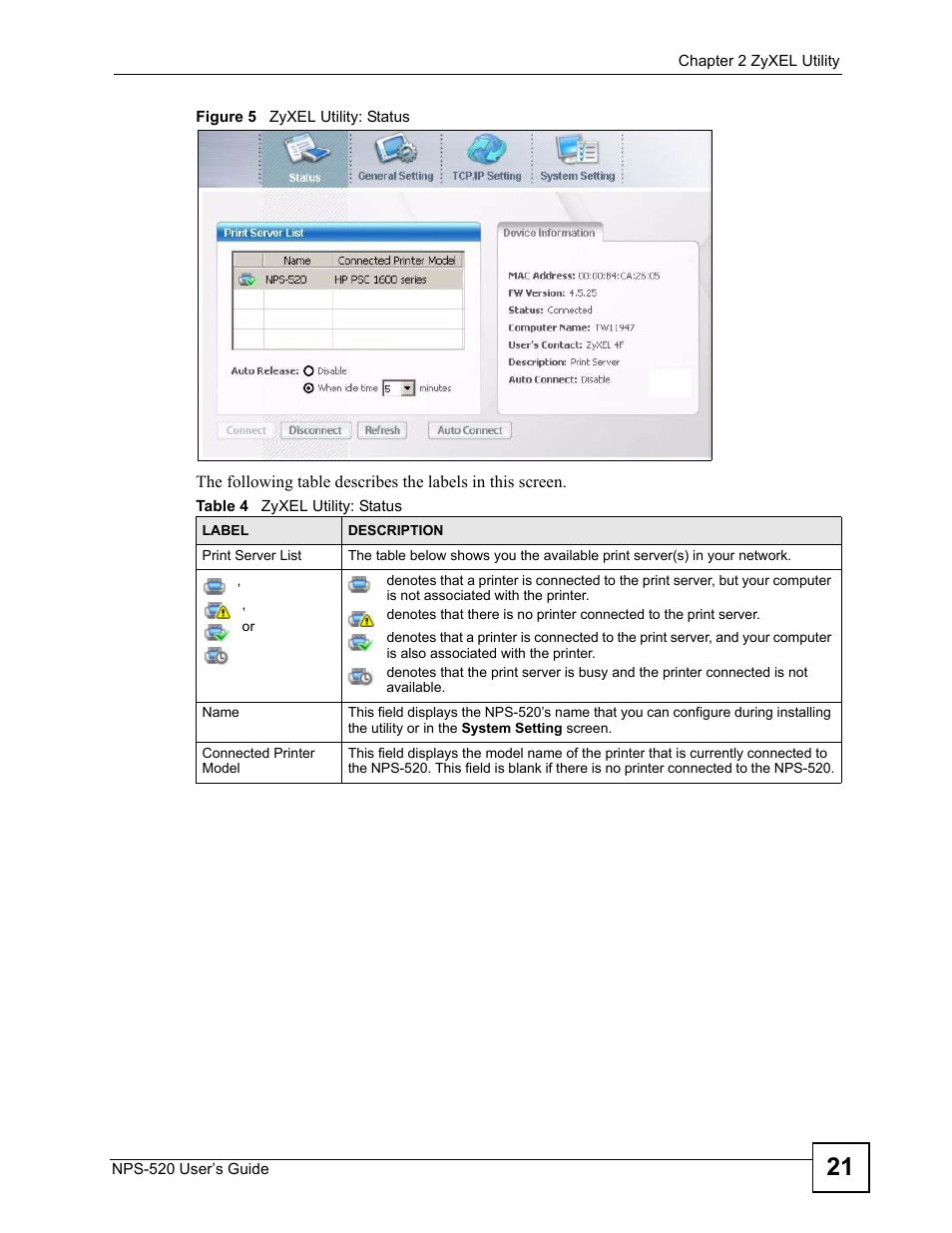 Figure 5 zyxel utility: status, Table 4 zyxel utility: status | ZyXEL Communications NPS-520 User Manual | Page 21 / 84