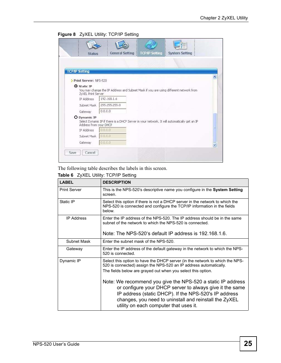 Figure 8 zyxel utility: tcp/ip setting, Table 6 zyxel utility: tcp/ip setting | ZyXEL Communications NPS-520 User Manual | Page 25 / 84