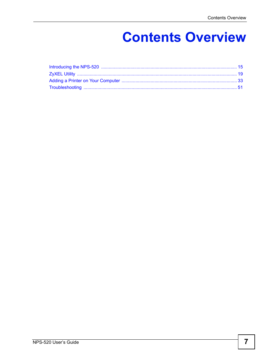 Contents overview | ZyXEL Communications NPS-520 User Manual | Page 7 / 84
