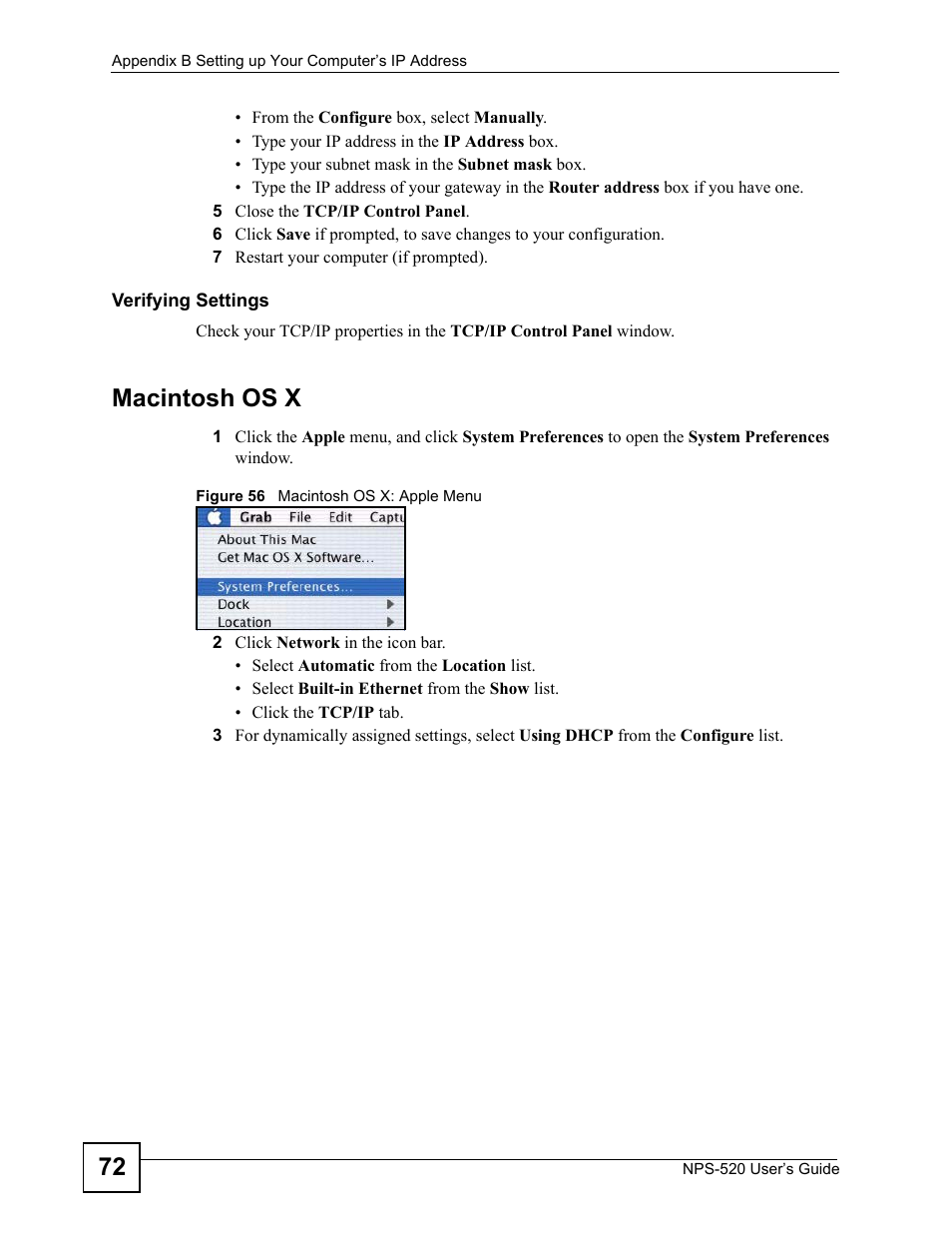 Figure 56 macintosh os x: apple menu, Macintosh os x | ZyXEL Communications NPS-520 User Manual | Page 72 / 84