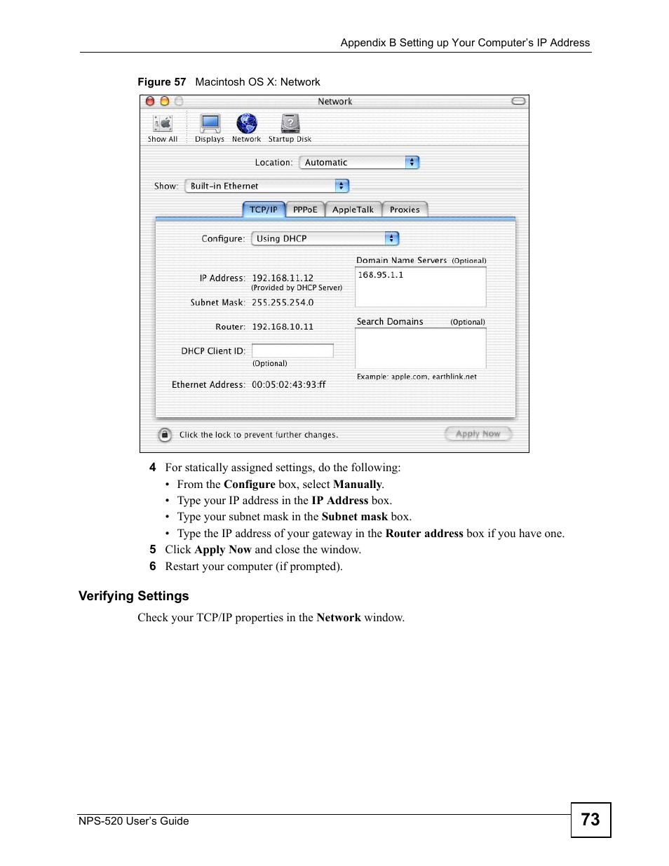 Figure 57 macintosh os x: network | ZyXEL Communications NPS-520 User Manual | Page 73 / 84