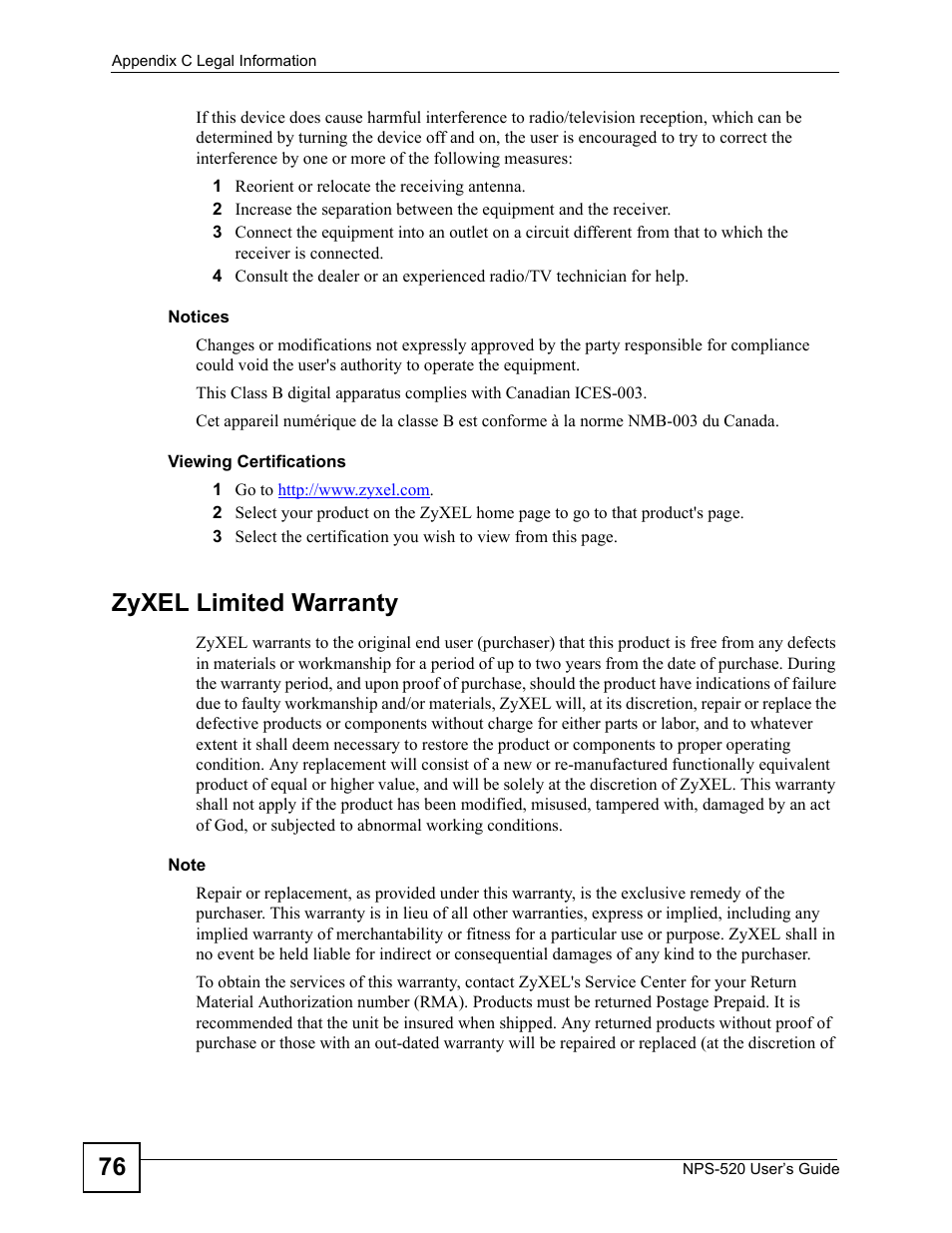 Zyxel limited warranty | ZyXEL Communications NPS-520 User Manual | Page 76 / 84