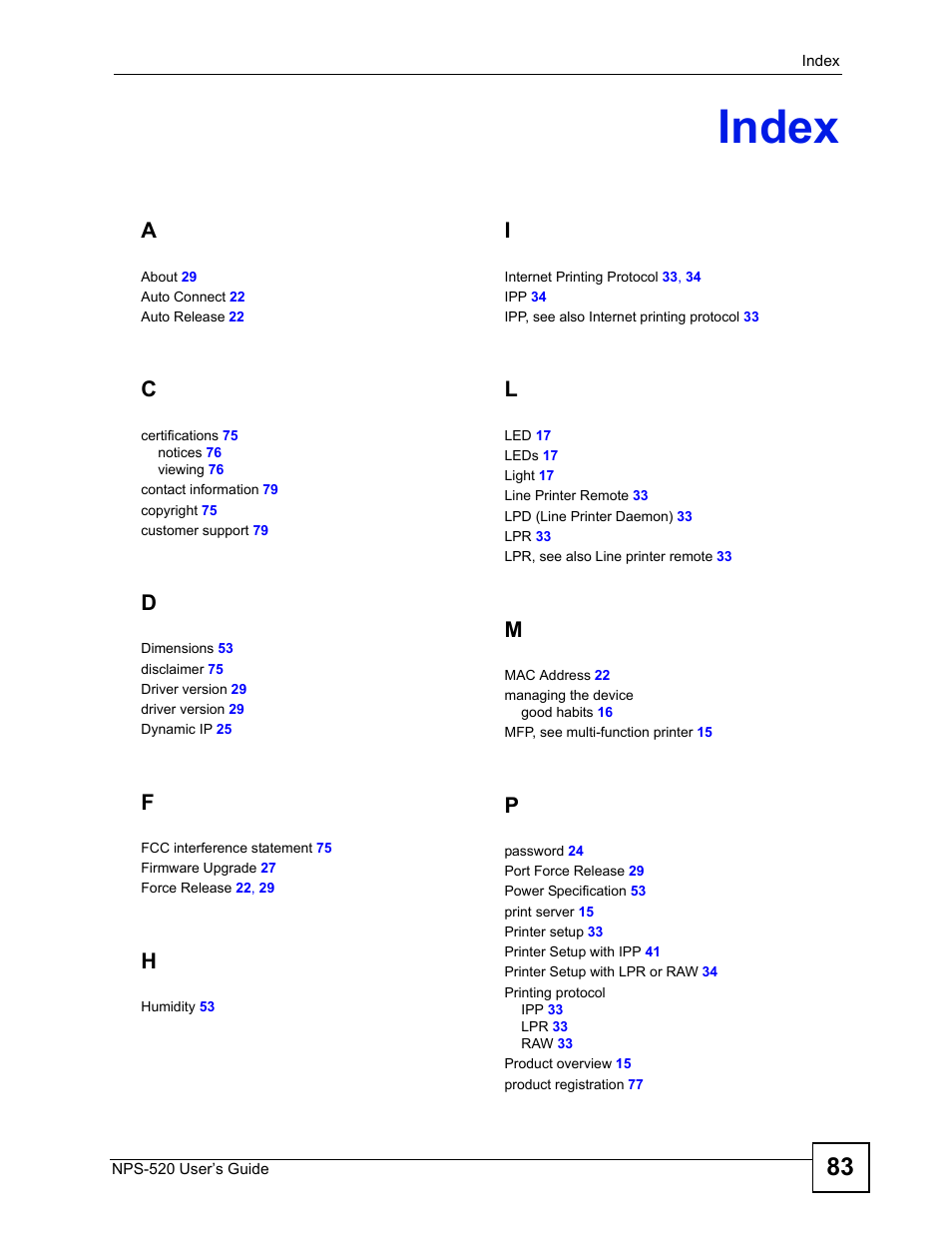 Index | ZyXEL Communications NPS-520 User Manual | Page 83 / 84