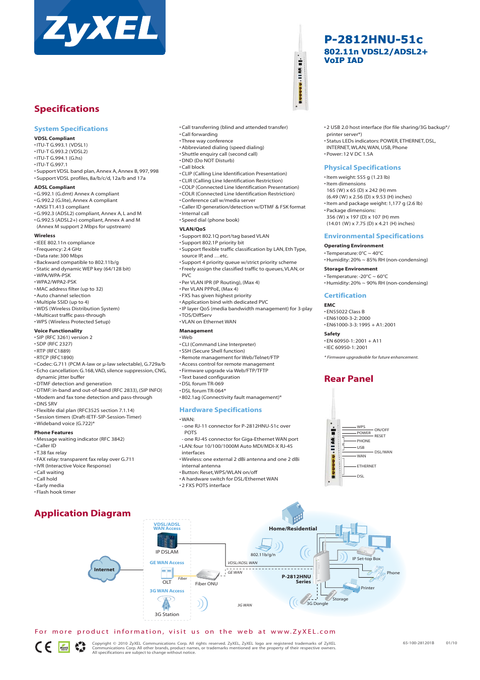 Rear panel specifications application diagram, 11n vdsl2/adsl2+ voip iad | ZyXEL Communications P-2812HNU-51c User Manual | Page 2 / 2