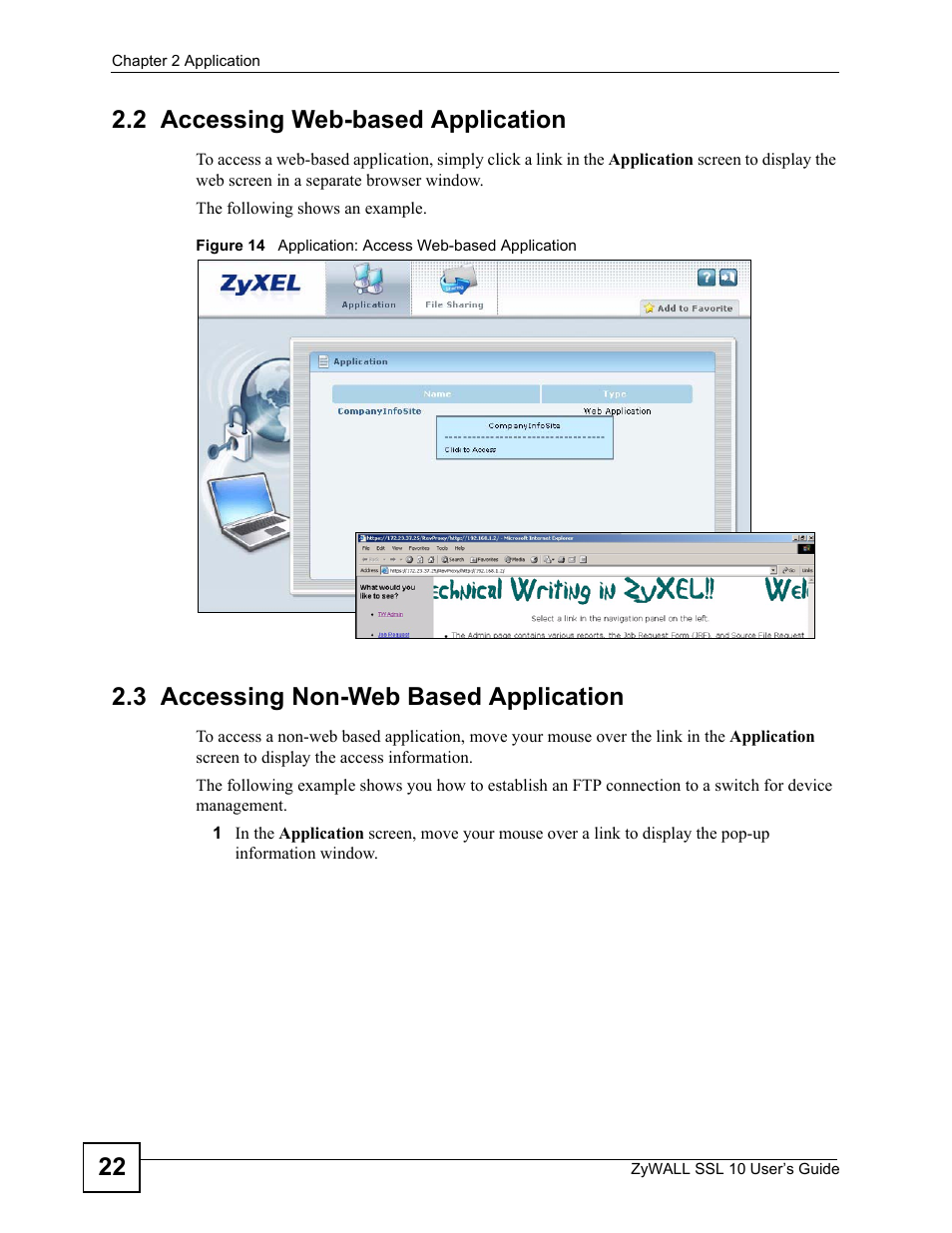 2 accessing web-based application, 3 accessing non-web based application, 22 2.2 accessing web-based application | ZyXEL Communications ZyWALL SSL 10 User Manual | Page 22 / 64