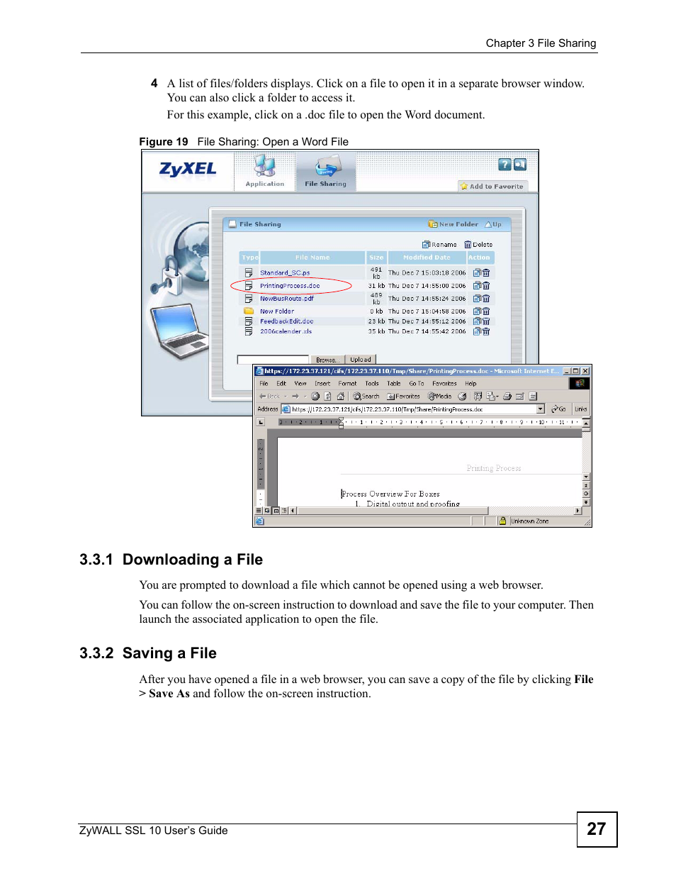 1 downloading a file, 2 saving a file, 1 downloading a file 3.3.2 saving a file | Figure 19 file sharing: open a word file | ZyXEL Communications ZyWALL SSL 10 User Manual | Page 27 / 64